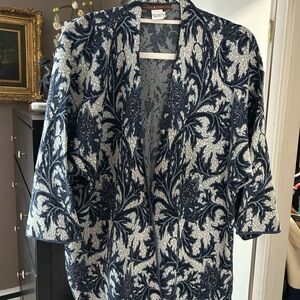 Blue and White Patterned Open Cardigan